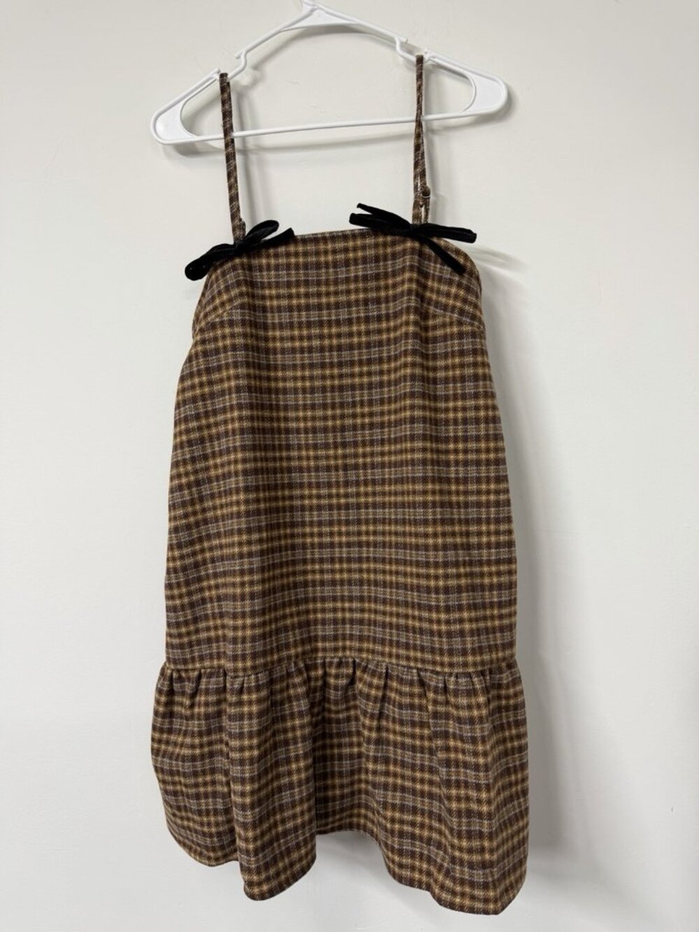 New Cider Women’s Size medium Brown Plaid Ruffle Bowknot Babydoll Mini Dress - Picture 2 of 7